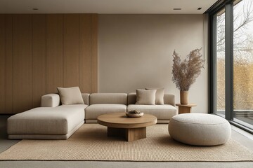 Empty beige living room with minimalist Scandinavian-Japanese interior design. Modern furniture, neutral tones, large window features. Serene, comfortable home atmosphere. Stylish, modern living