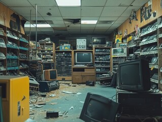 Abandoned electronics store interior slung derelict forsaken outcast