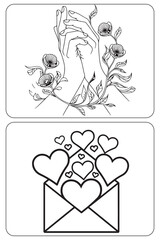 Female hand and Heart shape love mail box happy Valentin’s day hand drawn coloring page set or bundle collection activity book vector illustration for Coloring book, greeting card, invitation 
