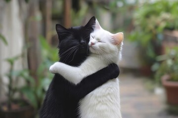 A black cat and white cat embrace affectionately outdoors