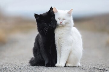 A black and white cat pair cuddle together gently