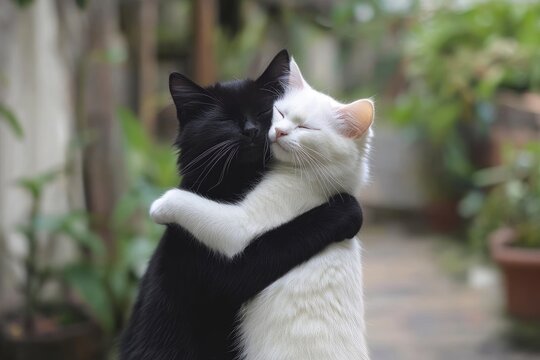 A black cat and white cat embrace affectionately outdoors