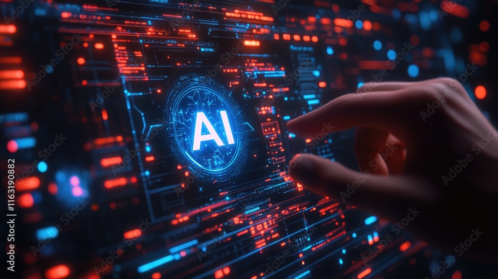 Poster futuristic interface with ai hologram and hand interaction