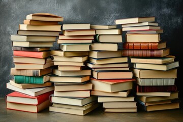 Fototapeta premium Many Stacked Books Against Dark Background
