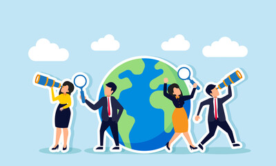 Businesspeople standing next to a globe, observing the surroundings with a magnifying glass and telescope, illustration of observing and analyzing global business trends