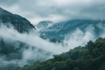 Fototapeta premium Lush green valley surrounded by majestic mountains and soft clouds in a serene morning landscape