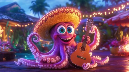 Fototapeta premium Playful octopus wearing sombrero and playing guitar at tropical fiesta Happy Cinco de mayo