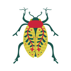 Beetle insect illustration. Retro fantasy bug with patterned wings. Stylized comic whimsical folk art bug clipart for children. Fancy funny abstract bug. Isolated vintage comic symbol vector design