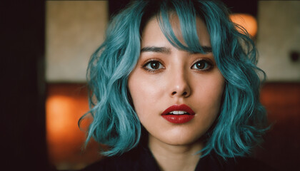 Fototapeta premium Portrait of a Young Woman with Blue Hair in a Shocked Expression