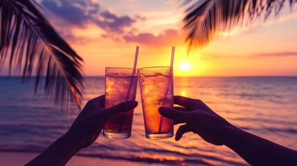 Tropical sunset toast with refreshing drinks on a beach