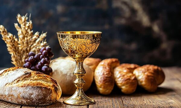 A golden chalice beside bread and grapes, symbolizing communion and celebration.