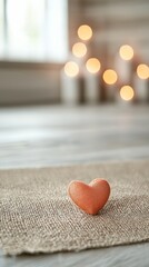 Fototapeta premium A charming orange heart sits on a textured surface, with soft, glowing lights in the background creating a warm, cozy atmosphere.