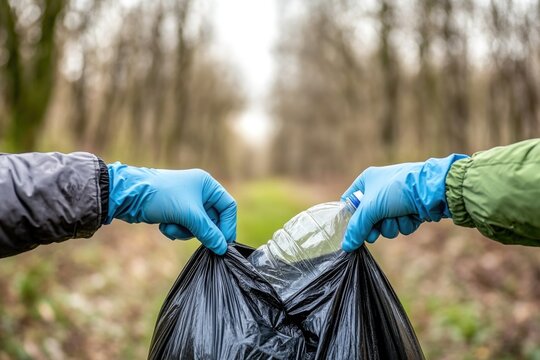 Two volunteers wearing gloves work together to remove plastic waste from a forest trail. The environment is green and lush, indicating the beauty of nature