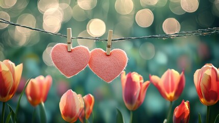 Whimsical hearts adorn a line among vibrant tulips, creating a romantic and dreamy atmosphere with soft bokeh effects.
