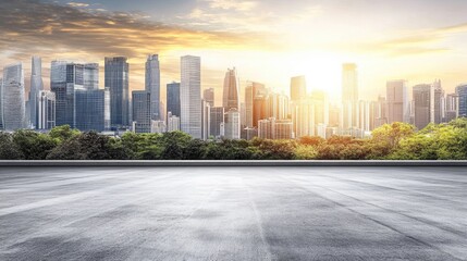 Concrete road with city skyline commercial building background, illustration for product presentation template, copy space wallpaper