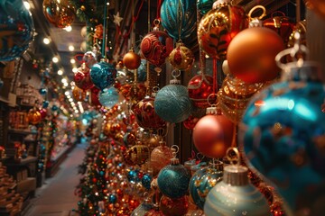 Colorful decorations and vibrant ornaments displayed in a festive shop during a local market event
