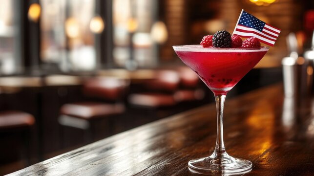Patriotic berry martini with american flag garnish in stylish bar setting