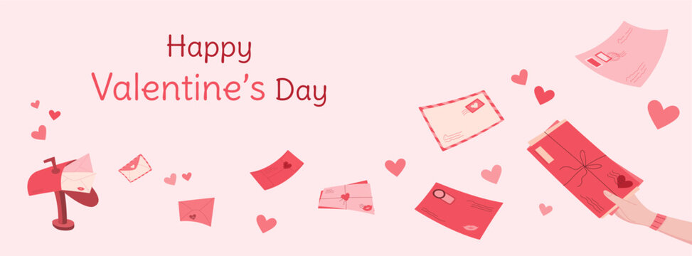 Trendy handmade valentine's day envelope concept, flat cute postcard flyer with heart, cartoon style hand sends romantic mail background, modern love letter with mailbox template poster