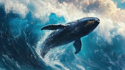Fototapeta premium Majestic Humpback Whale Leaping Through Ocean Waves