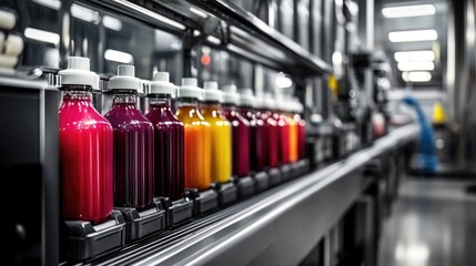 Modern production line for bottling and packaging natural juices and drinks. Concept of an industrial juice bottling plant, conveyor with juice