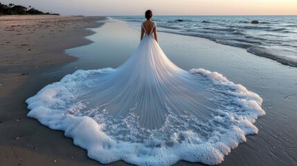 Ocean bride - stunning scene of beautiful woman in unique wedding dress crafted from swirling ocean waves, standing gracefully on beach, her gaze fixed on the horizon, embodying elegance and nature.