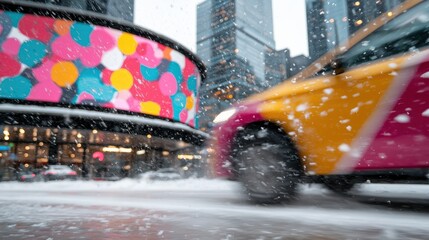 A vibrant city scene featuring a colorful billboard and a yellow taxi driving through falling snow.