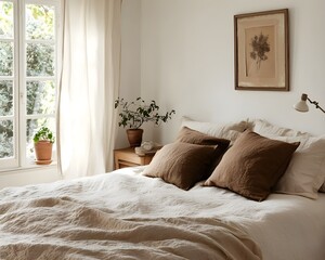 Calm and Cozy Bedroom Interior with Linen Bedding