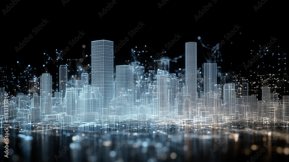 Poster digital metropolis: a futuristic cityscape rendered in a mesmerizing wireframe style, glowing with e