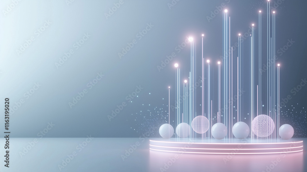 Poster abstract minimalism: a sleek, futuristic backdrop with a circular platform adorned with luminous sph