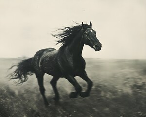 Black Stallion Running Free in Mist