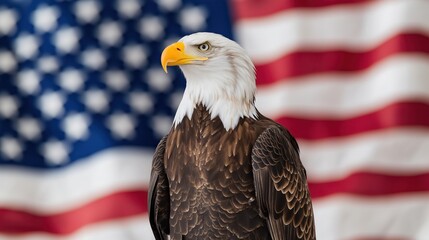 Naklejka premium Bald eagle portrait against waving US flag. National symbol of freedom. Majestic bird of prey. Patriotic image. Great for patriotic themes, America independence day. Perfect for celebrating national