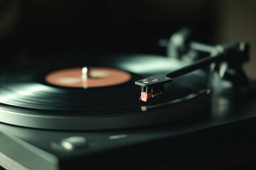 Vintage turntable plays vinyl record under soft ambient lighting. Record spins slowly. Needle on record grooves. Analog audio equipment in use. Music plays through classic tech. Warm atmosphere.