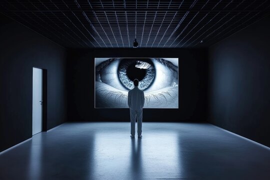 Man Observes Giant Eye Projection in Dark Room - Powered by Adobe