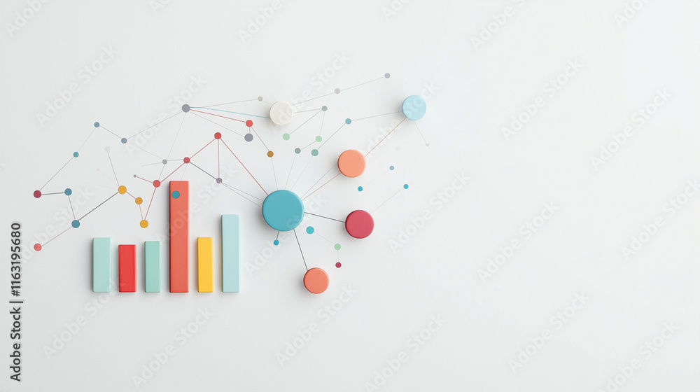 Poster data growth visualization: colorful 3d bar graph and interconnected nodes illustrate upward trend, d