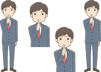 「お静かに」のポーズをするスーツ男性（表情2種）