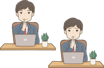 パソコン前で「お静かに」のポーズをするスーツ男性