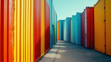 Rows of shipping containers in different colors. Transport business. Logistics import and export of goods