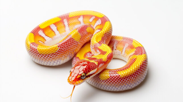The Crimson-Kissed Python: A captivating image of a vibrant, red and yellow python, coiled in a mesmerizing pose, showcasing its intricate patterns and mesmerizing scales. Its forked tongue.