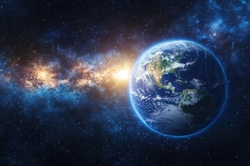 A stunning view of planet Earth from space, illuminated by the sun and surrounded by a backdrop of stars and the Milky Way galaxy.