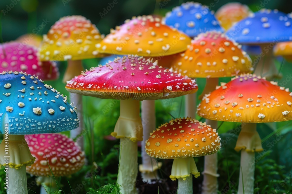 Aufkleber colorful mushrooms growing on forest floor display a variety of vibrant hues and intricate patterns 