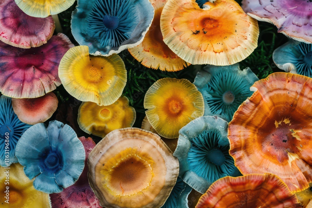Aufkleber colorful mushrooms growing on forest floor display a variety of vibrant hues and intricate patterns 