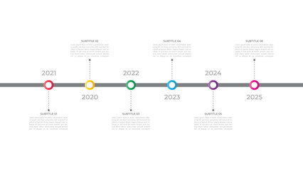 Minimal 6 Steps Infographic Timeline Template Presentation with Circular Elements, Icons and Text Boxes. Vector illustration.