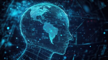 A digital representation of a human head with a map, symbolizing global connectivity and intelligence.