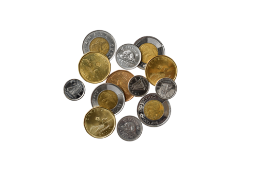 Canadian cash money coins isolated cutout on transparent
