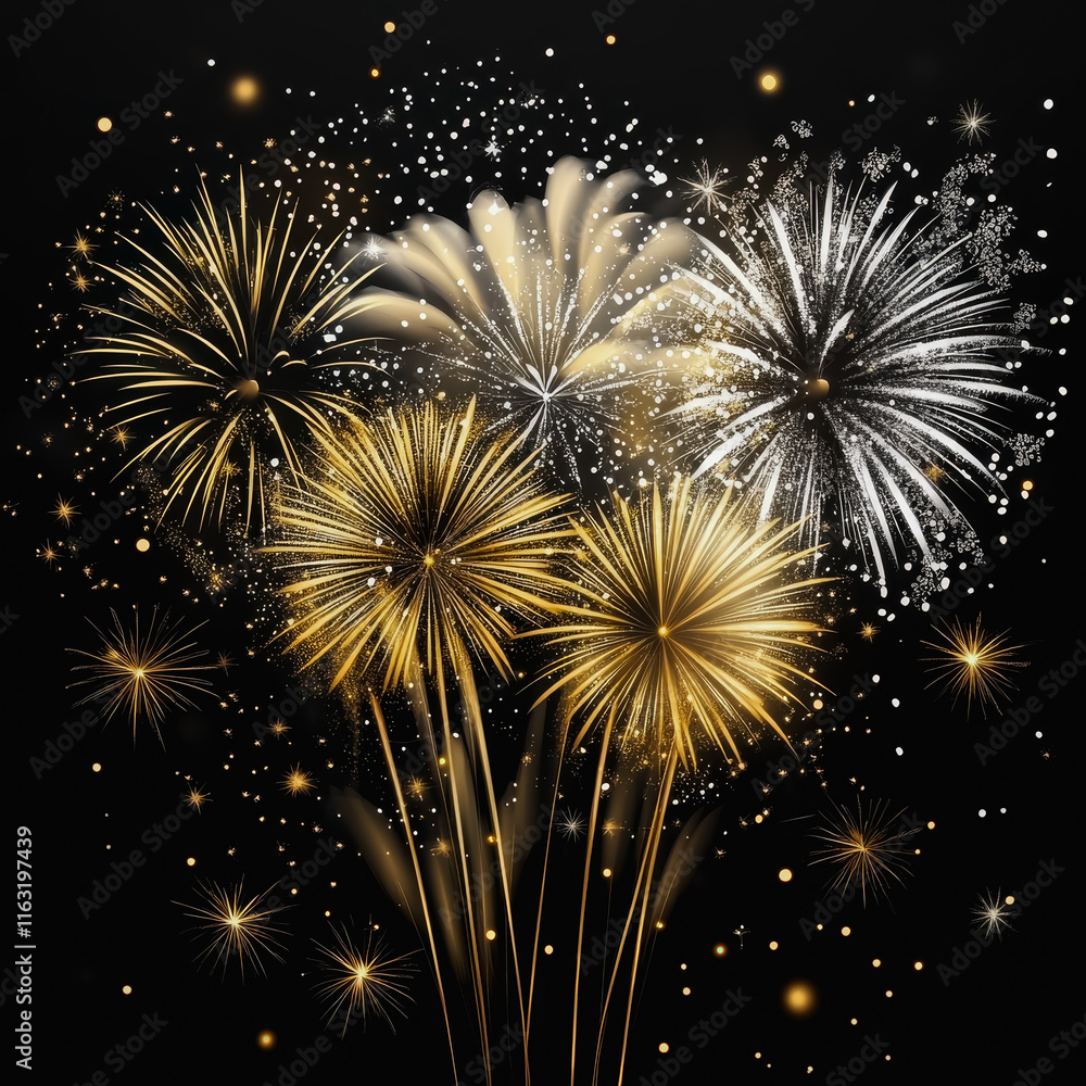 Poster vibrant fireworks exploding in night sky accompanied by shimmering golden stars and sparkles creatin