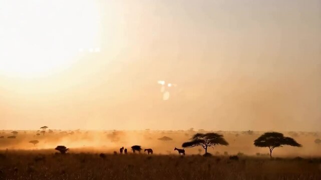 Dust and Dreams: A herd of zebras silhouetted against a fiery sunset, kicking up dust as they traverse the African savanna.