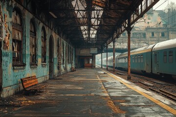 Obraz premium Abandoned train station interior slung derelict forsaken outcast