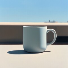 Obraz premium A simple white mug sits on a surface, casting a shadow, with a bright blue sky in the background.