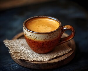Espresso in Rustic Cup on Wooden Coaster