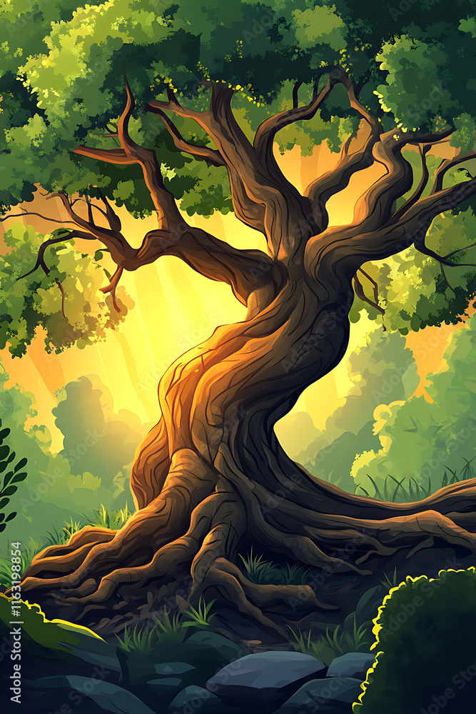Poster a majestic tree with twisted roots illuminated by sunlight in a serene forest setting.